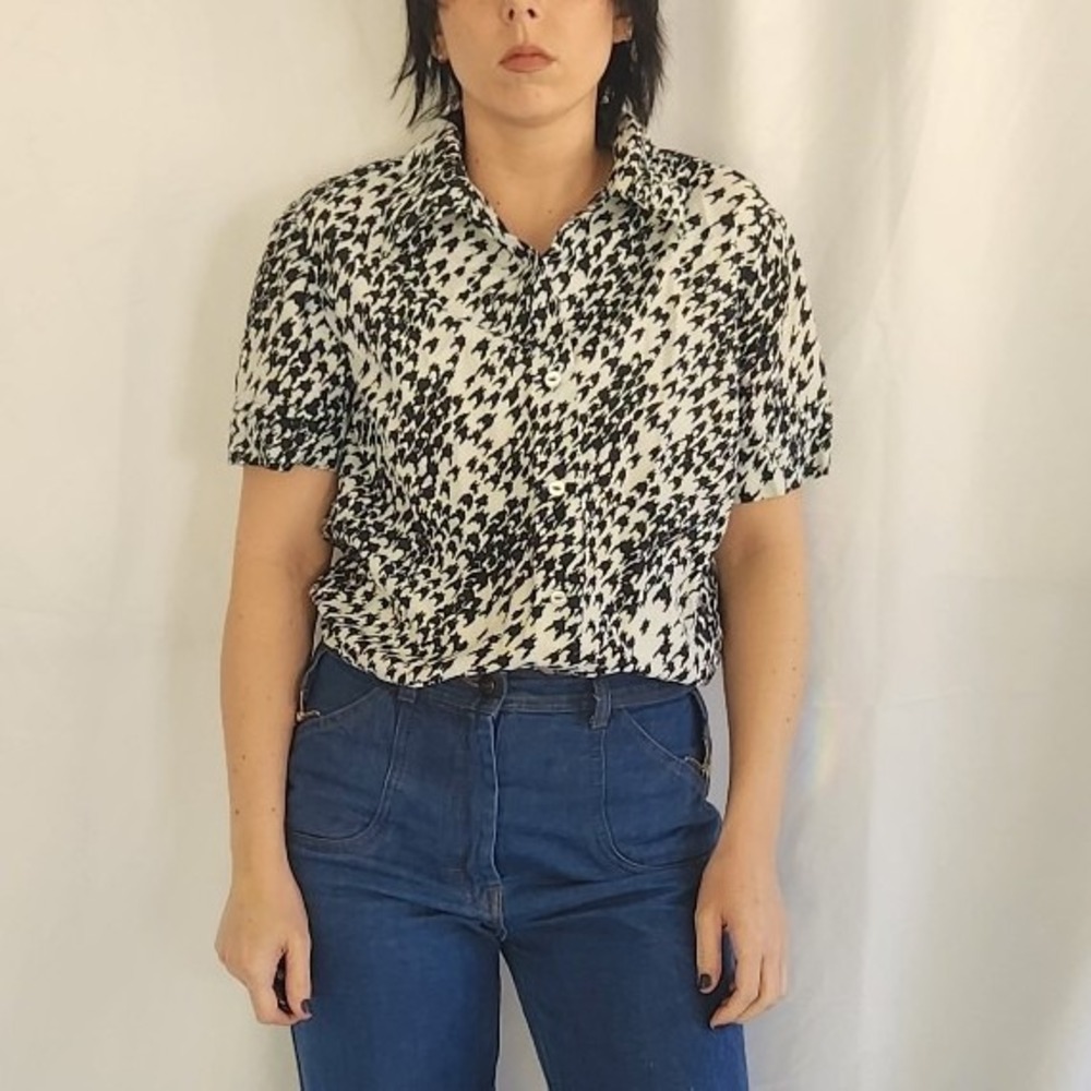 70s Black and White Ladies Button Down